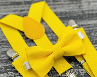 Yellow bow tie & Suspenders , Ring Bearer boy's gift , Men's pocket square , Groomsmen Wedding outfit , Cake Smash outfit , costume