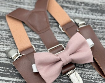 Dusty Mauve Quartz bow tie & Dark Brown Leather Suspenders , Ring Bearer boy's gift ,  Men's Wedding outfit