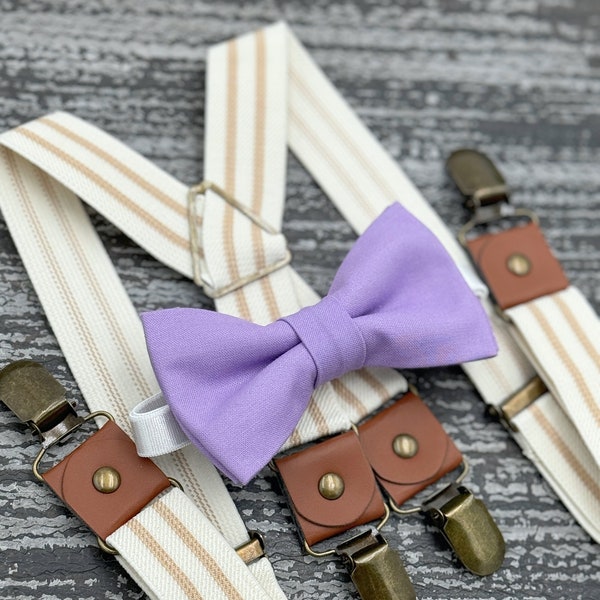 Tahiti Purple bow tie & Ivory Striped Suspenders , Beige X - back Braces , Men's Pocket Square , Ring Bearer boy's gift , Groomsmen outfit