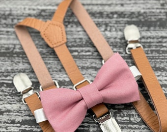 Dusty Rose bow tie & Brown Skinny Leather suspenders , Ring Bearer boy's gift , Groomsmen Wedding outfit , Men's pocket square