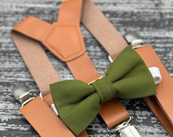 Olive Green bow tie & Rust brown Leather suspenders , Ring Bearer boy's gift , Groomsmen Wedding outfit , Men's pocket square