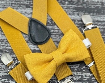 Mustard Yellow Linen bow tie & Suspenders , Ring Bearer boy's gift , Men's Groomsmen Wedding outfit
