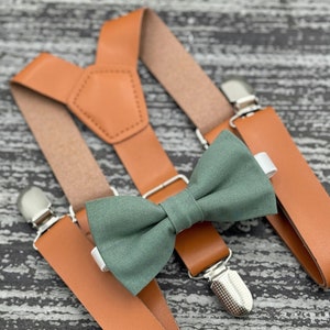 Eucalyptus Bow Tie & Suspenders | Groomsman Suspenders | Cognac Suspenders | Vegan Leather | Ring Bearer outfit | Sea Glass Bow Tie