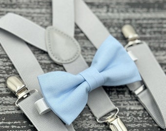 Ice Blue bow tie & Light Gray Suspenders , Ring Bearer boy's gift , Wedding Groomsmen outfit , Men's pocket square