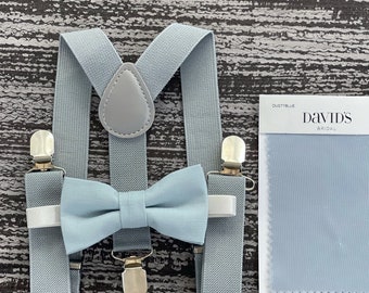 Dusty Blue bow tie & Dusty Gray Suspenders , Groom Braces , Ring Bearer boy's gift , Men's pocket square , wedding Groomsmen outfit