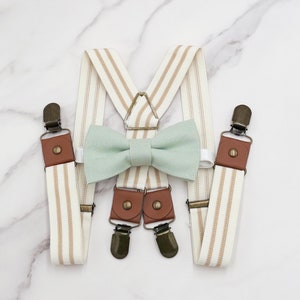 Dusty Sage Bow Tie & Striped Suspenders – All Sizes Baby to Adult, Ring Bearer Outfit, Groomsman Gift, Rustic Wedding Set