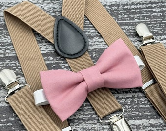 Dusty Rose bow tie & Taupe Brown Suspenders ,  Ring Bearer boy's gift , Groomsmen Wedding outfit , Men's pocket square