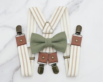 Muszka w kolorze mchu i szelki w paski – wszystkie rozmiary, od niemowlęcego do dorosłego, kokarda z eukaliptusa, strój dla drużby, prezent dla drużby, rustykalny ślub