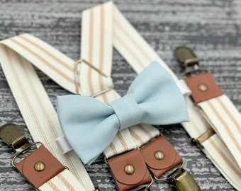 Dusty Blue Mist bow tie & Ivory Striped Suspenders , x- back Beige Braces , Ring Bearer boy's gift , Men's Pocket Square , Groomsmen outfit