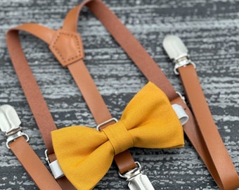 Marigold Yellow bow tie & Leather Skinny Rust Brown Suspenders , Ring Bearer boy's gift , Men's pocket square , Groomsmen wedding outfit