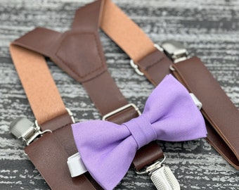 Tahiti Purple bow tie & Leather Dark Brown Suspenders , Ring Bearer boy's gift , Groomsmen Wedding outfit , Men's pocket square