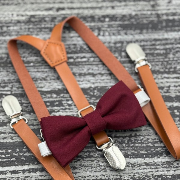 Nœud papillon vin cabernet et bretelles fines en cuir, bretelles brun rouille, cadeau pour garçon, tenue de mariage pour garçon d'honneur, mouchoir de poche pour homme