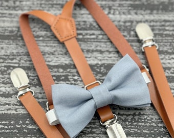 Dusty Blue bow tie & Skinny Leather Suspenders , Rust Brown braces , Ring Bearer boy's gift , Groomsmen wedding outfit , Men's pocket square