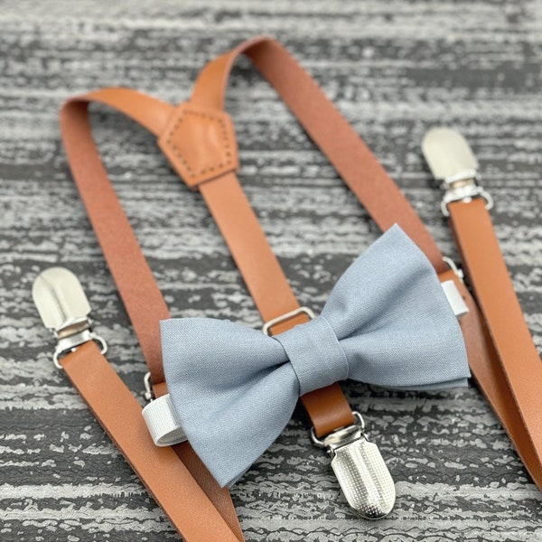 Dusty Blue bow tie & Skinny Leather Suspenders , Rust Brown braces , Ring Bearer boy's gift , Groomsmen wedding outfit , Men's pocket square