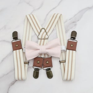 Blushing Bow Tie & Striped Suspenders – All Sizes Baby to Adult, Ring Bearer Outfit, Rustic Wedding, Groomsman Gift, Pocket Square