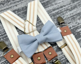 Dusty Blue bow tie & Ivory striped Suspenders , Ring Bearer boy's gift , Men's Pocket Square , Groomsmen outfit , beige x - back braces