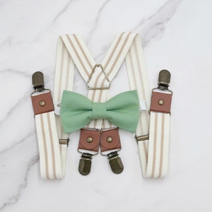 Sage Bow Tie & Striped Suspenders – All Sizes Baby to Adult, Matcha Green Bow, Ring Bearer Outfit, Groomsman Gift, Rustic Wedding