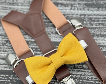 Linen Mustard Yellow bow tie & Leather Suspenders , Dark Brown Braces , Ring Bearer boy's gift , Groomsmen outfit , Men's wedding set