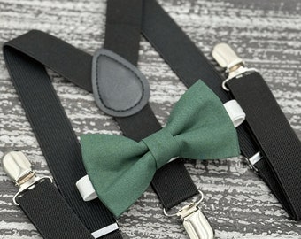 Dark Eucalyptus Green bow tie & Black suspenders , Ring Bearer boy's gift , Men's pocket square , groomsmen wedding set