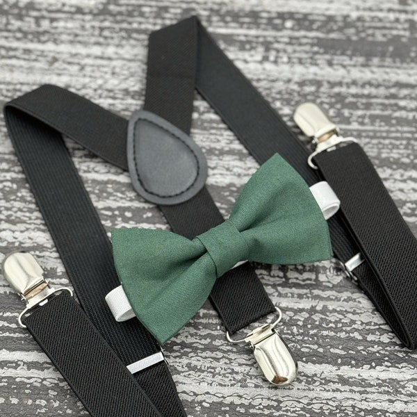 Dark Eucalyptus Green bow tie & Black suspenders , Ring Bearer boy's gift , Men's pocket square , groomsmen wedding set