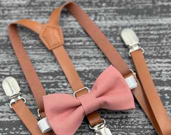 Cedar Rose bow tie & Skinny Leather Rust Brown Suspenders , Ring Bearer boy's gift , Groomsmen Wedding outfit , Men's pocket square