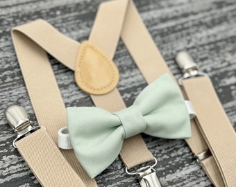 Dusty Sage bow tie & Tan Champagne suspenders , Ring Bearer boy's gift  , Groomsmen Wedding outfit , Men's pocket square