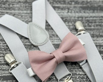 Dusty Mauve Quartz bow tie & Light Gray Suspenders , Ring Bearer boy's gift , Groomsmen outfit , Men's wedding set