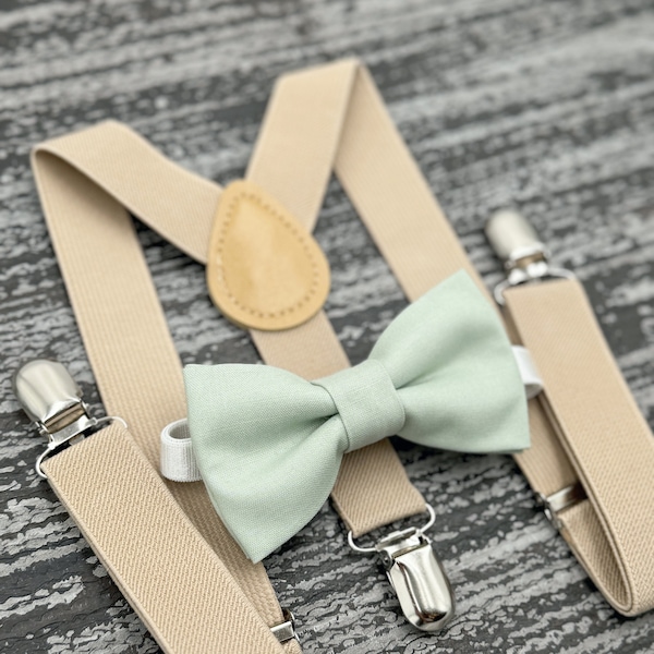 Dusty Sage bow tie & Tan Champagne suspenders , Ring Bearer boy's gift  , Groomsmen Wedding outfit , Men's pocket square