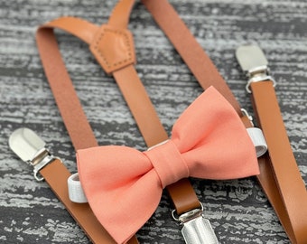 Sunset Coral bow tie & Leather Skinny Rust Brown suspenders ,  Ring Bearer boy's gift , Groomsmen Wedding outfit , Men's pocket square
