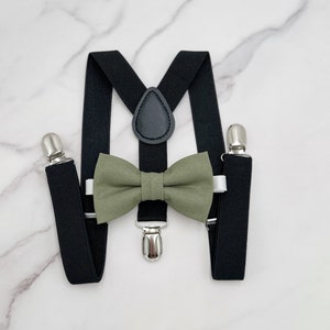 Moss Bow tie & Suspenders | Black Braces | Eucalypt Bow Tie | Pocket Square | Ring Bearer Outfit | Rustic Wedding Outfit | Groomsman Gift
