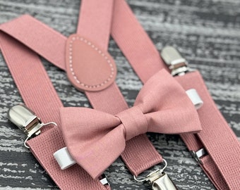 Desert Coral bow tie & Dusty Rose Suspenders , Men's pocket square , Ring Bearer boy's gift , Groomsmen wedding outfit