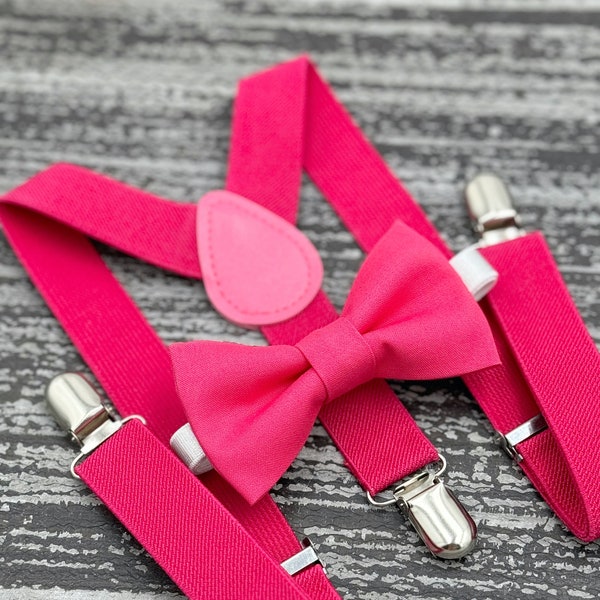 Fuchsia Pink Bow Tie & Suspenders , Kids Baby Boy Ring Bearer outfit , Mens Groom Best Man Adult Wedding set