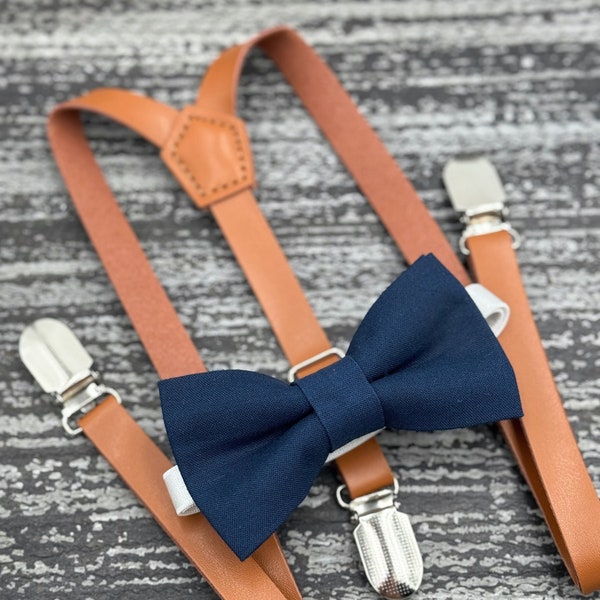Navy Blue bow tie & Leather Skinny Suspenders , Rust Brown Braces , Ring Bearer boy's gift , Men's pocket square  , Groomsmen wedding outfit