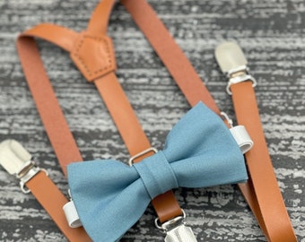 Bermuda Blue bow tie & Skinny Leather Suspenders , Rust Brown braces , Ring Bearer boy's gift , Groomsmen outfit , Men's pocket square