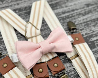 Blush Petal Pink Bow Tie & Ivory Striped Suspenders , Beige x-back braces , Men's Pocket Square , Boys Ring Bearer gift , Groomsmen outfit