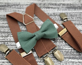 Dark Eucalyptus Green bow tie & Rustic Brown x - back suspenders , Men's pocket square , Ring Bearer gift , Groomsmen Wedding outfit