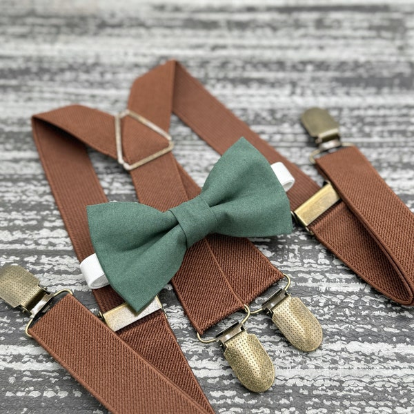 Dark Eucalyptus Green bow tie & Rustic Brown x - back suspenders , Men's pocket square , Ring Bearer gift , Groomsmen Wedding outfit