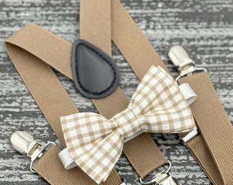 Taupe Plaid Bow tie & Taupe Brown Suspenders , Ring Bearer boy's gift , Men's Groomsmen Wedding outfit