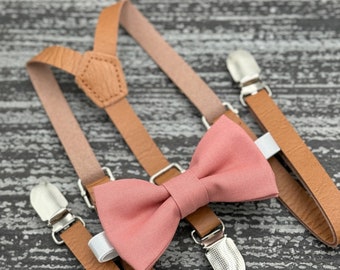 Cedar Rose bow tie & Skinny Leather Suspenders , Light Brown Braces , Ring Bearer boy's gift , Groomsmen outfit , Men's pocket Square