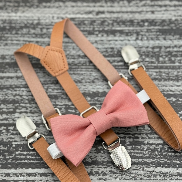 Cedar Rose bow tie & Skinny Leather Suspenders , Light Brown Braces , Ring Bearer boy's gift , Groomsmen outfit , Men's pocket Square