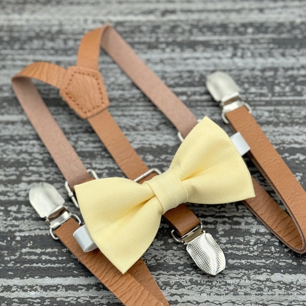 Canary Pale Yellow bow tie & Leather Skinny Brown suspenders , Ring Bearer boy's gift , Groomsmen Wedding outfit , Men's pocket square