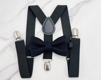 Black Bow Tie & Suspenders – All Sizes Baby to Adult, Formal Bowtie, Ring Bearer Outfit, Groomsman Gift, Rustic Wedding