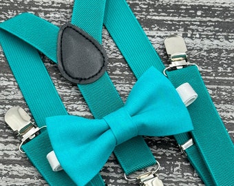 Jade Green bow tie & Teal Suspenders , Ring Bearer boy's gift , Groomsmen Wedding outfit , Men's pocket square