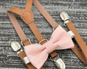 Blush petal bow tie & Skinny brown Leather Suspenders , Ring Bearer boy's gift , Men's Pocket Square , groomsmen wedding outfit