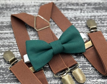 Pine Green bow tie & Rustic Brown suspenders , x - back braces , Men's Pocket Square  , Ring Bearer outfit , Groomsmen Wedding set