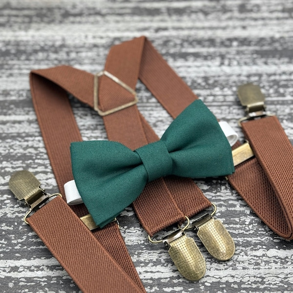 Pine Green bow tie & Rustic Brown suspenders , x - back braces , Men's Pocket Square  , Ring Bearer outfit , Groomsmen Wedding set