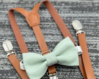 Dusty Sage bow tie & Skinny Leather suspenders , Rust brown braces , Men's pocket square , Ring Bearer boys gift , Groomsmen Wedding outfit