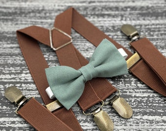 Eucalyptus Green bow tie & Rustic Brown x - back suspenders , Men's pocket square , Ring Bearer gift , Groomsmen Wedding outfit