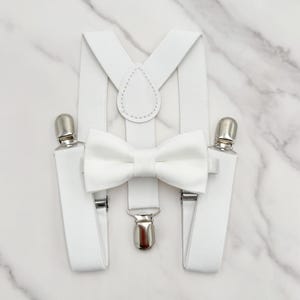 White Bow Tie & Suspenders - Baby to Adult Sizes, Ring Bearer Outfit, Groomsman Gift, Rustic Wedding, Baptism Set