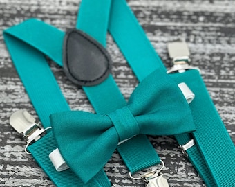 Teal bow tie & Suspenders , Ring Bearer boy's gift  , Groomsmen Wedding outfit , Men's pocket square , Cake Smash outfit